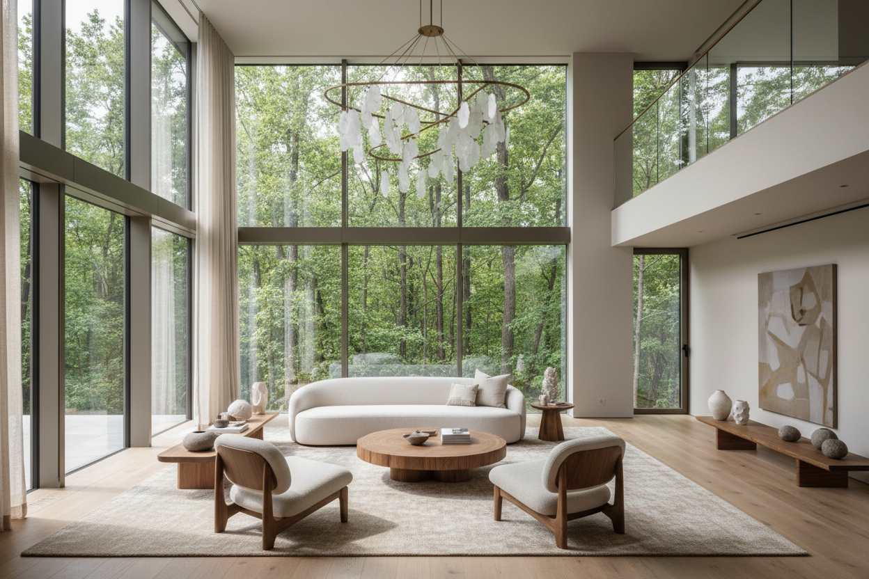 Minimal modern luxury living room interior, double-height ceiling, floor-to-ceiling glass windows opening to lush green forest, soft natural daylight, neutral color palette, curved cream sofa, sculptural lounge chairs, wooden accent furniture, textured beige rug, organic decor, contemporary chandelier, calm airy atmosphere, ultra-realistic, high-end interior design, architectural photography, 4k, sharp focus
